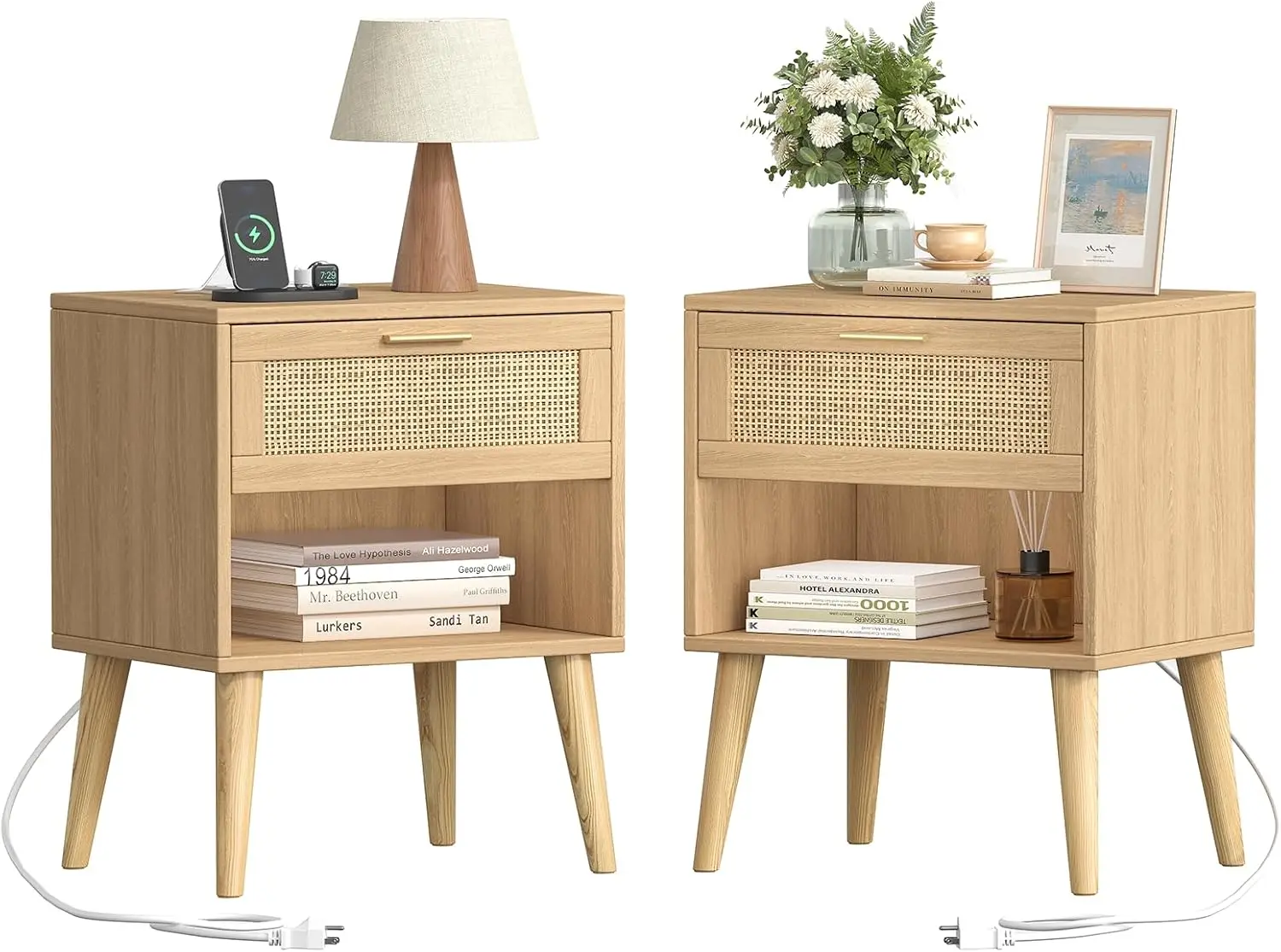 

Комплект из 2 прикроватных тумбочек из ротанга с зарядной станцией, открытой полкой и выдвижным ящиком, натуральные прикроватные столики в стиле бохо для спальни