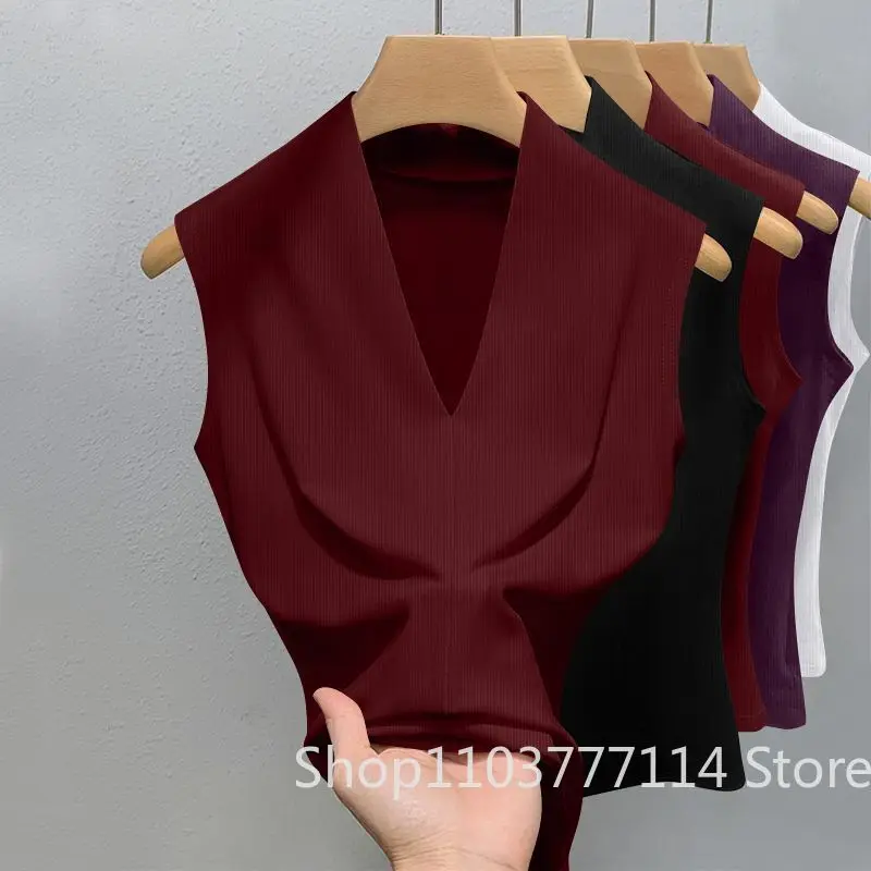 Sommer Damen V-Ausschnitt Ärmellose Weste Slim Fit Oberbekleidung für Mädchen Einfarbig Sexy Modisch, Lässig, Atmungsaktives Basis-T-Shirt – Detail 8