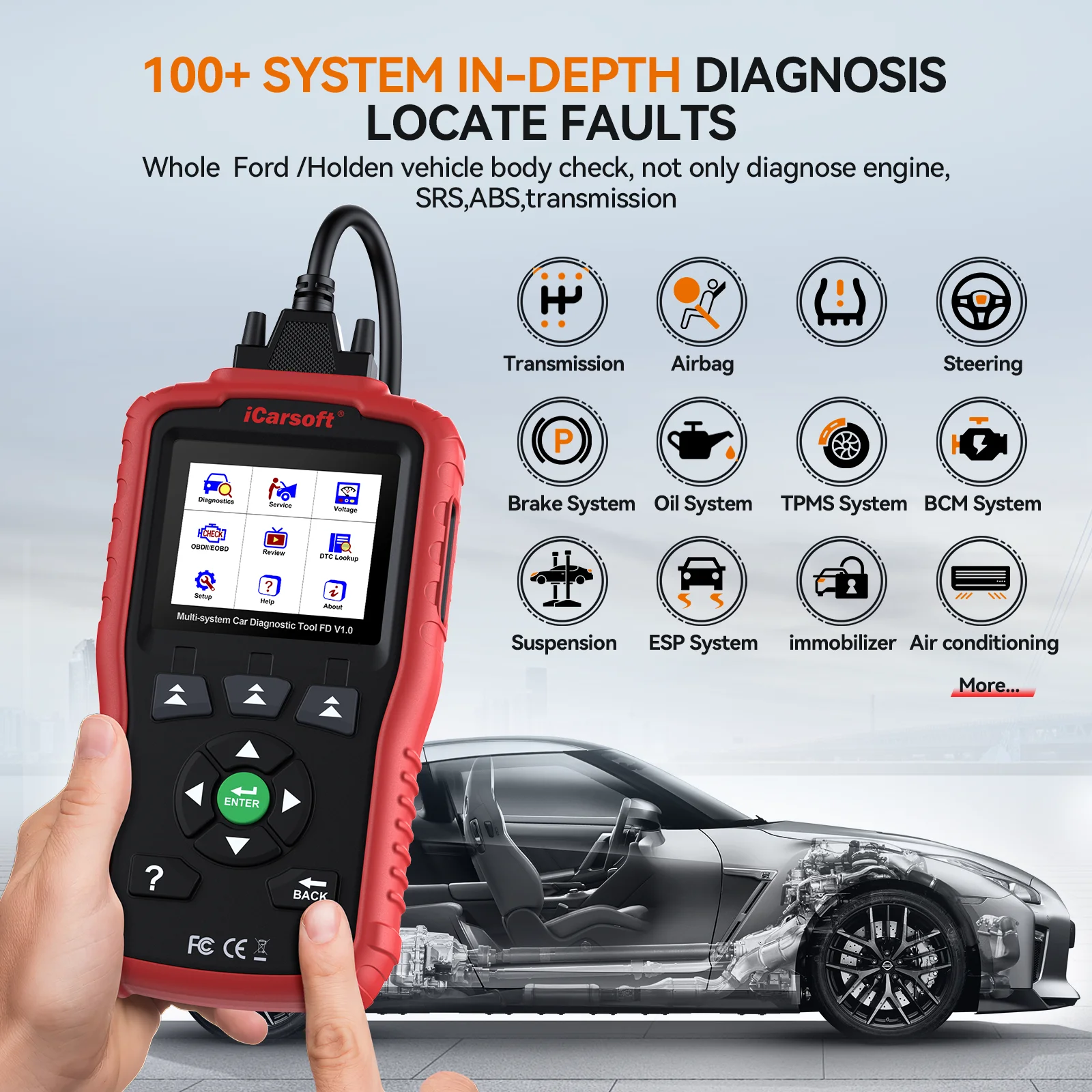 iCarsoft FD V1.0 لصنع المركبات الأمريكية، تشخيص جميع الأنظمة، إعادة ضبط الزيت + إعادة ضبط البيانات المباشرة SAS، تحديث حر لمحرك الوسادة الهوائية ABS