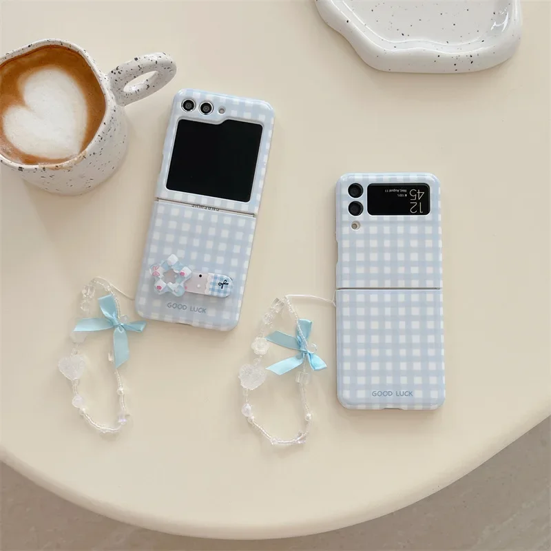 Blue Plaid Phone Stand Case for Samsung Galaxy Z Flip 6 5 4 3 Protective Back Cover for ZFlip4 ZFlip5 ZFlip6 Case