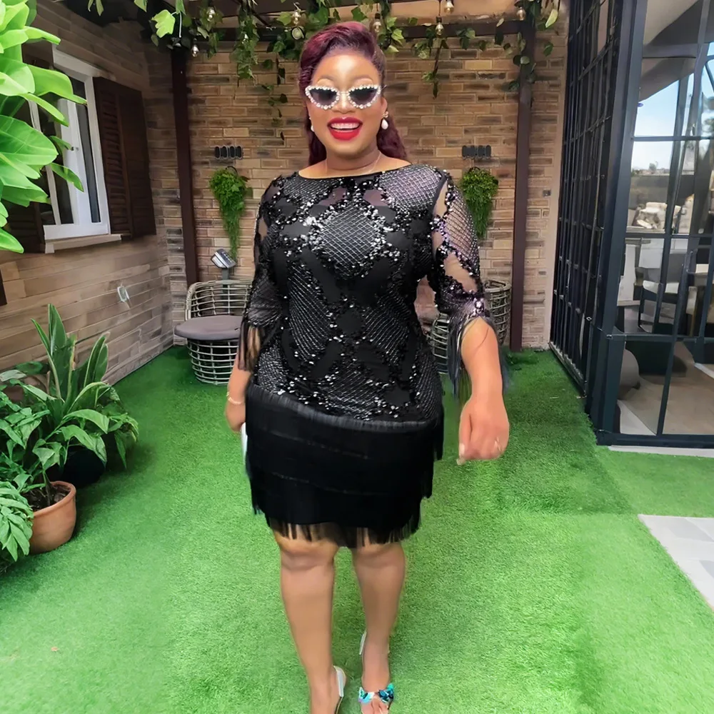 فستان ضيق مزين بالترتر فساتين أفريقية للنساء فستان أنيق للحفلات الصلبة ملابس أفريقيا فساتين لربيع وصيف 2025