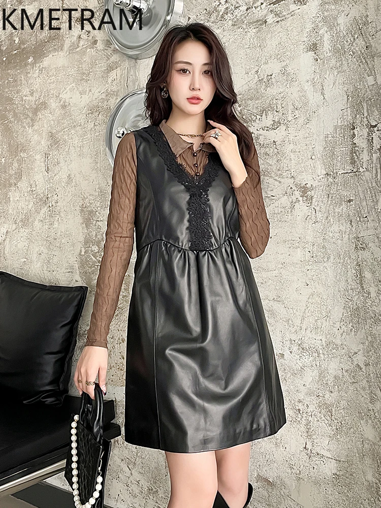 100% Toplaag Schapenvacht Jurk Vrouw Zwart V-hals Echt Leer Mouwloze Jurken Nieuw in Outerwears Herfst Kleding 2025 Ов Turismo