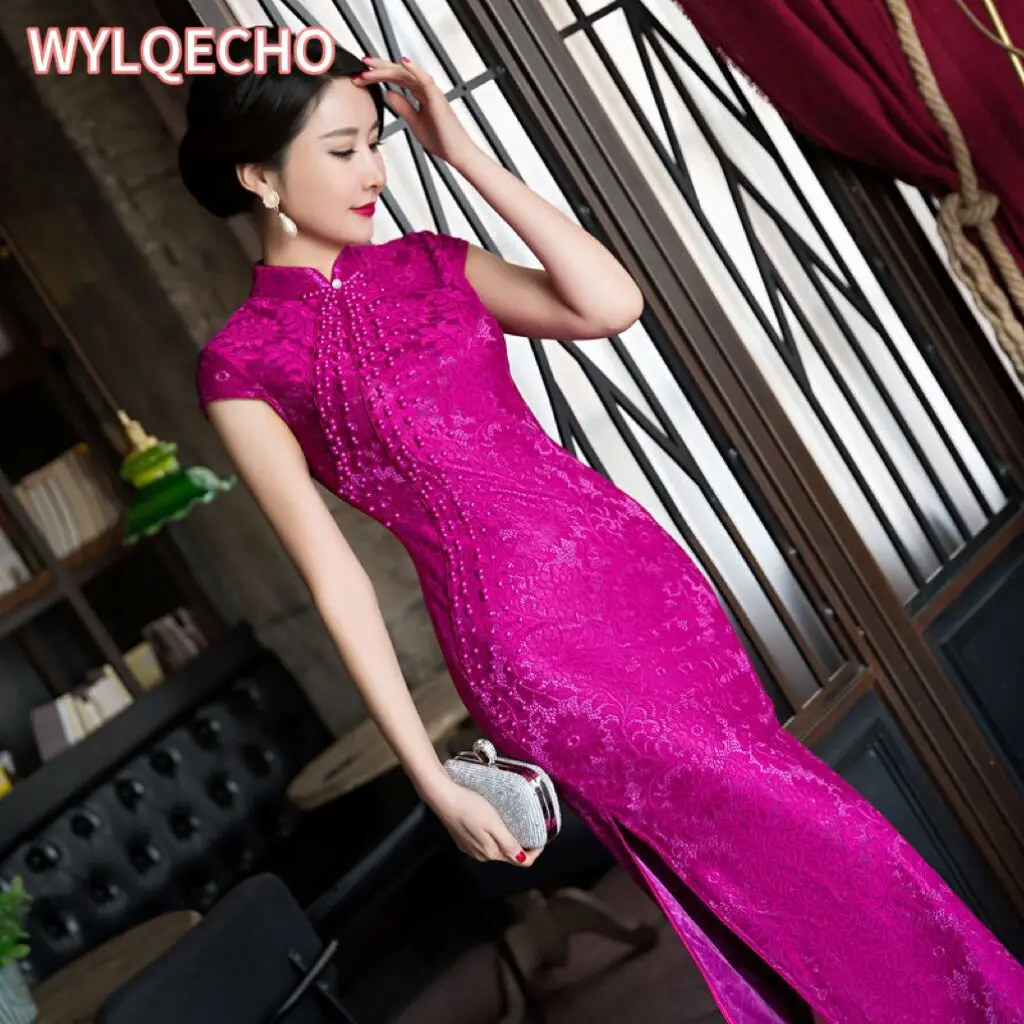 

Rose Red Women'S Long Cheongsam Top Fashion Beading Chinese Style Vintage Party Female Lace Qipao Slim Banquet Dress Vestidos