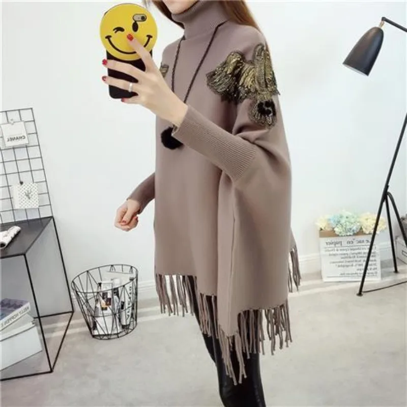 Autumn and winter new tassel cape shawl high neck pullover sweater women's mid to long cape loose bat sleeve jacket