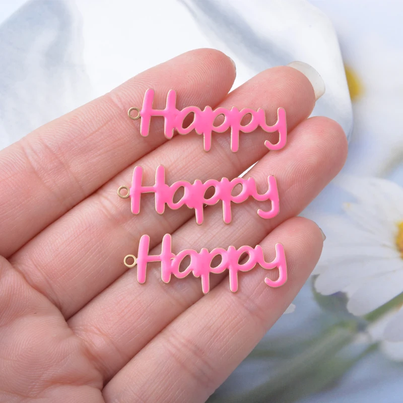 10 Stück Kupfer-Anhänger in Form von Buchstaben „Happy“ mit beidseitiger Emaillebeschichtung, Öltropfen-Optik, für DIY-Schmuckdekoration. – Detail 8