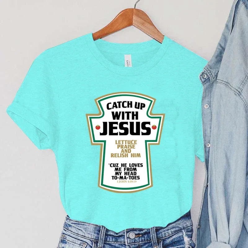 Catch Up with Jesus Women T-Shirts Vintage Bible Verses Female Tops Harajuku Christian Parody Short Sleeve Women\'s Clothing