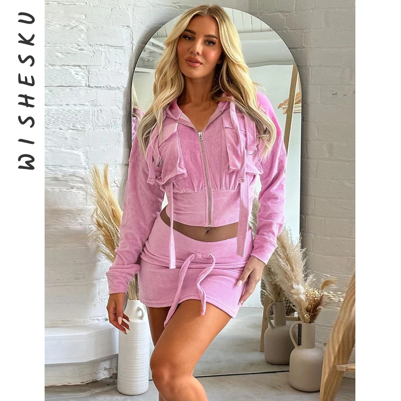 Two Piece Set Women Velvet Pink Tracksuits Sexy Long Sleeve Slim Hooded Jackets Sweatshirt+High Waist Drawstring Mini Skirt