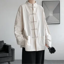 2024 Men Traditional Chinese Style Men's Cotton Linen Shirt Men Solid Color Casual Vintage Oriental Hanfu Men Tang Coat Top