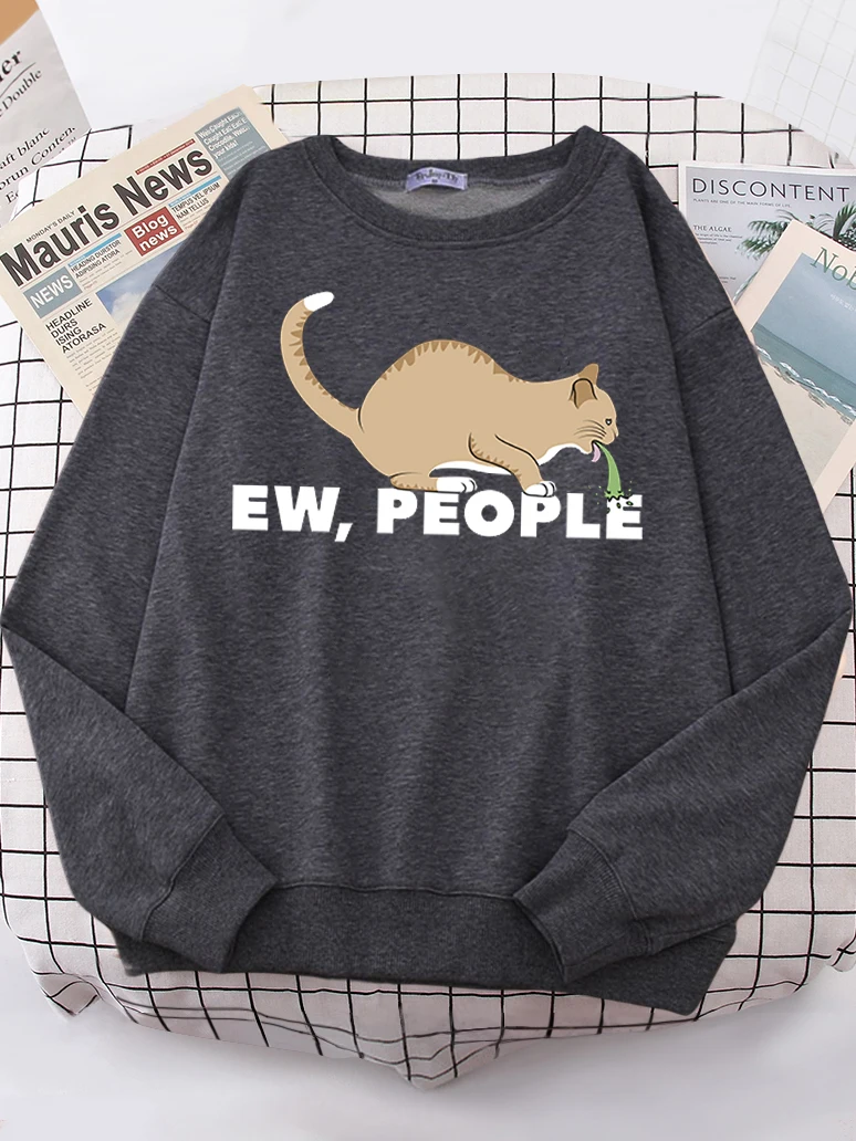 

Women Sweatshirts Vomiting Cat Ew,People Printed Hoodie Womens O-Neck Loose Oversize Pullover Funny Animal Ladies Long-Sleeved