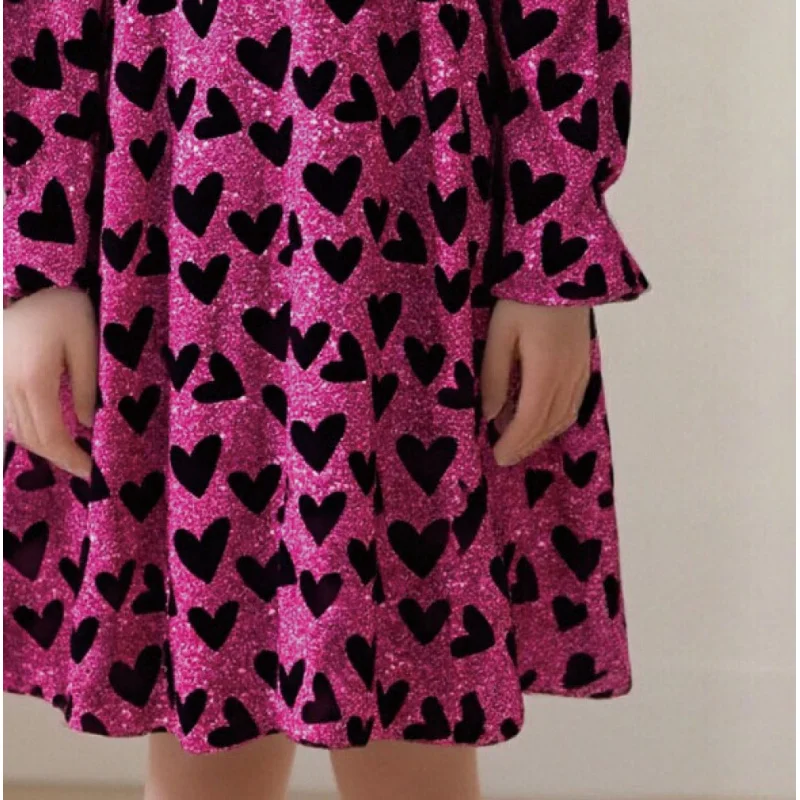 عرض ساخن عبر الحدود: فستان بناتي بأكمام طويلة وطبعة قلب لامع، فستان لطيف وردي واسع على شكل حرف A للأطفال كاجوال & Pa