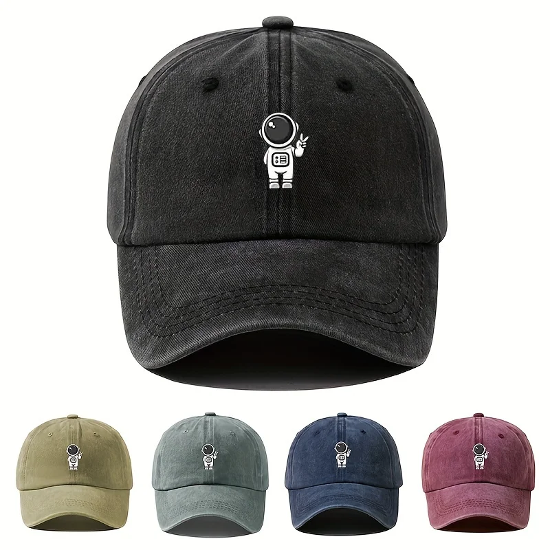 Printed Astronaut Retro Washed Baseball Cap Unisex Four Seasons Adjustable Duckbill Cap Outdoor Party Hip Hop Cap Trucker Hat