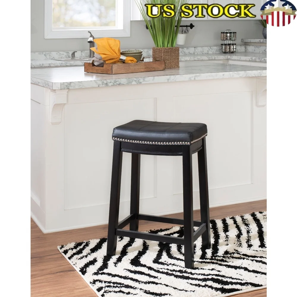 

Sturdy Backless Indoor Counter Stool Black Faux Leather Upholstered Saddle Seat Easy Clean Durable Assembly Supports 275 lbs