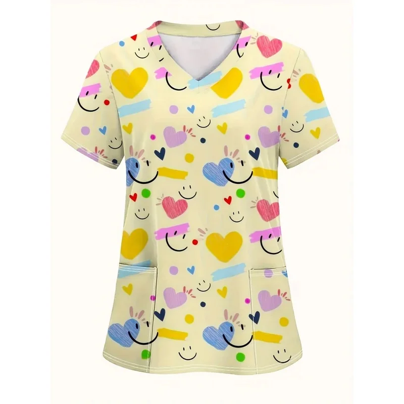 Elegant Print for WomenVShort-sleeved medical uniform Breathable and comfortable dental beauty salon workwearTShirt