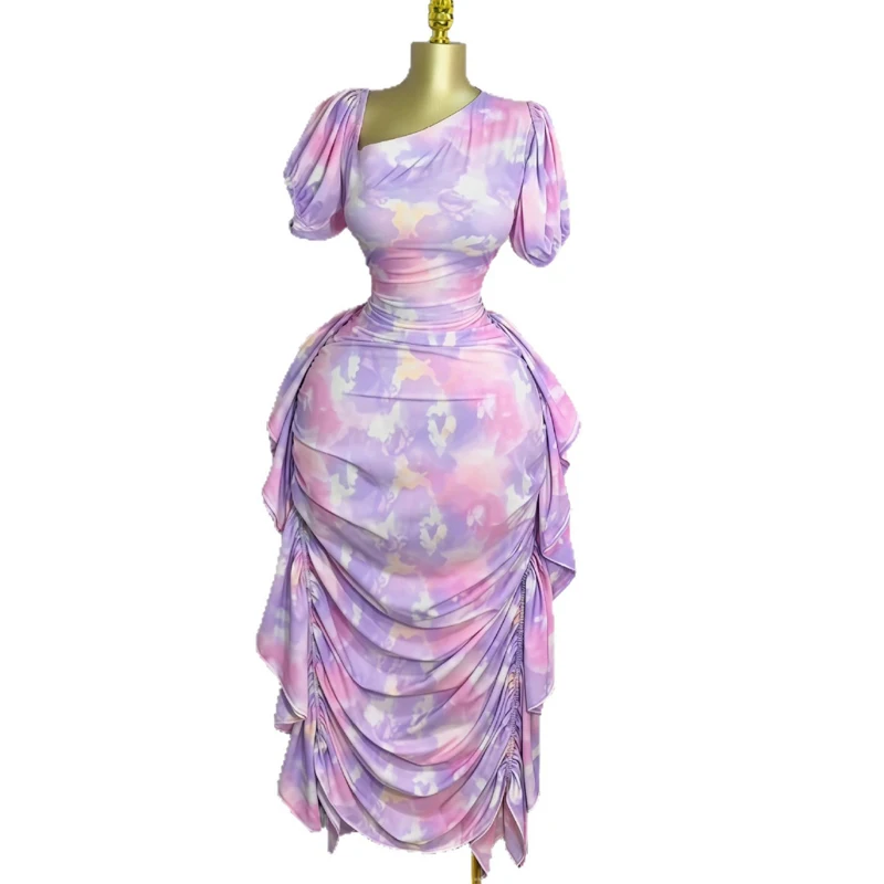 Women Tie Dye Printed Skew Neck Ruched Stacked Bodycon Midi Maxi Long Dress 2025 Vacation Holiday Sexy Vestidos Dresses