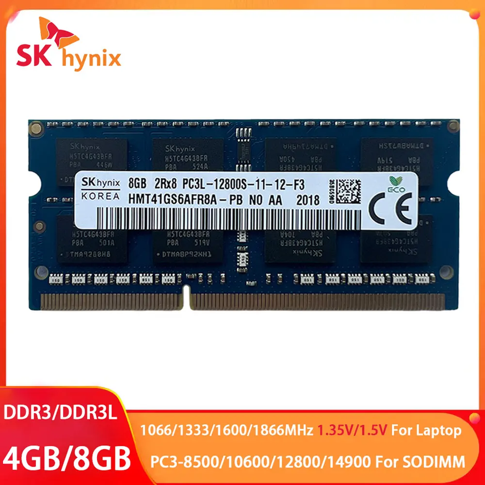 SK Hynix DDR3 DDR3L RAM pour ordinateur portable 8GB 4GB 1066 1333 1866 1600MHz PC3-12800 10600 8500 14900 1.35V/1.5V SODIMM Mémoire pour ordinateur portable