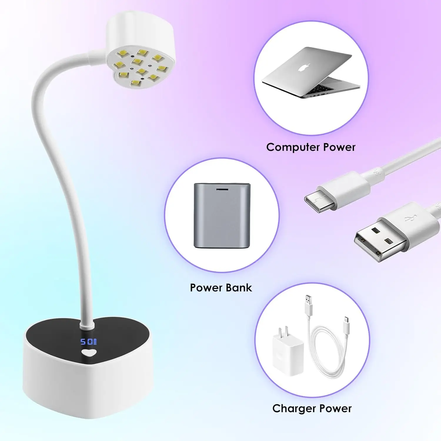 ضوء الأشعة فوق البنفسجية لأظافر الجل 30 وات LED، مصباح معالجة على شكل قلب قابل لإعادة الشحن مع مؤقت ومستشعر تلقائي