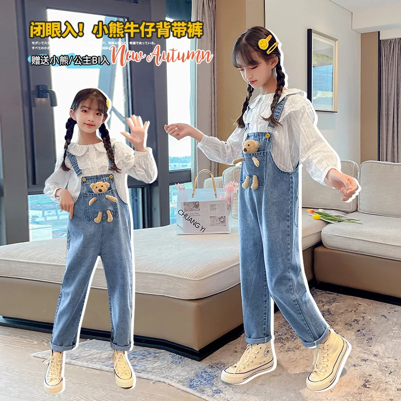 

Spring Autumn Children Denim Bib Jumpsuit Pockets with Bear Kids Overalls Jeans for Girls Teenage Girls Suspender Trousers 160