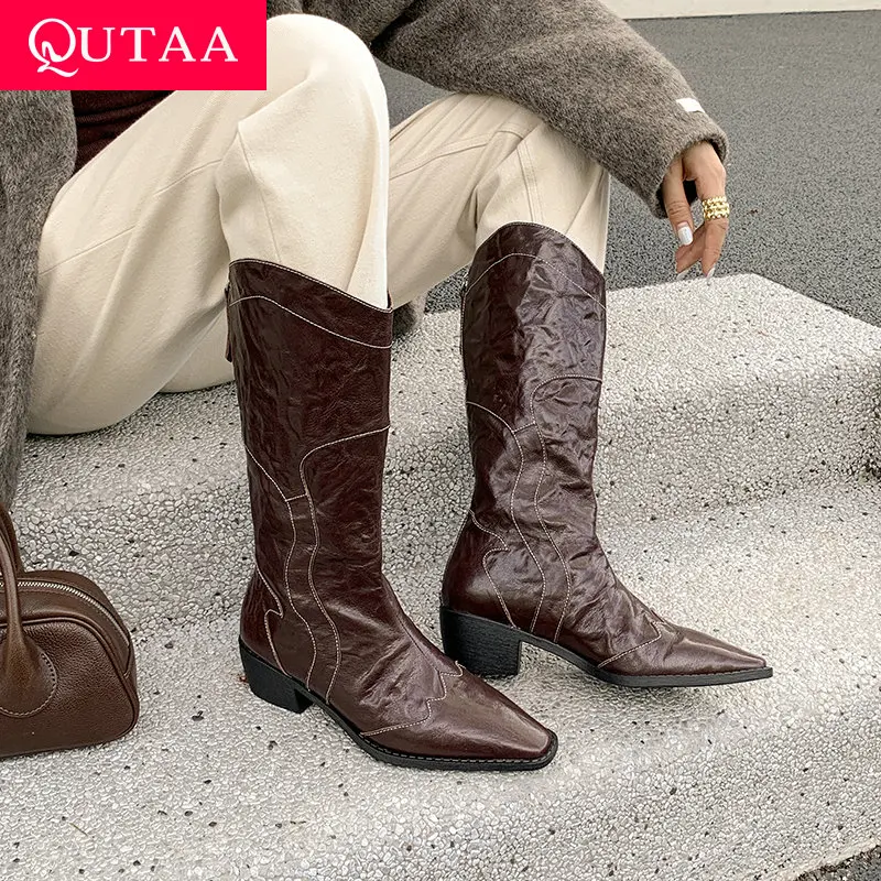 

QUTAA 2025 Fashion Women Mid Calf Boots Autumn News High Heels Cowboy Genuine Leather Pointed toe Winter Boots Shoes Size 34-39