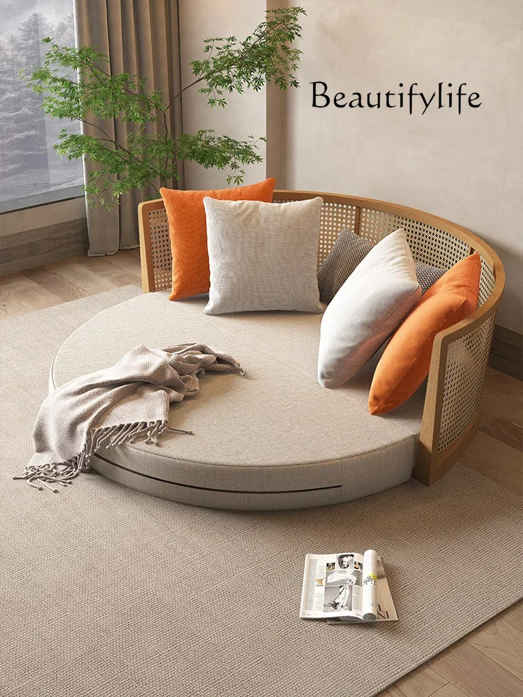N Nordic Rattan أريكة سرير كاجوال قابلة للطي مزدوجة متعددة الوظائف مستديرة من الخيزران للسرير والإفطار