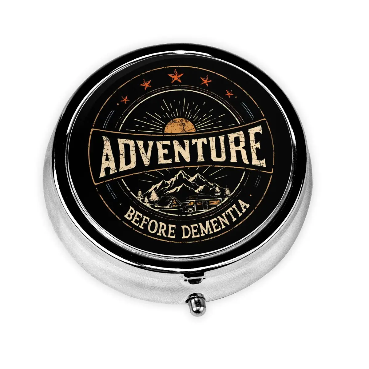 Boîte à pilules ronde à motif de camping-car d'aventure drôle, support de tablette de médicaments, étui de rangement, conteneur de médicaments Portable en métal