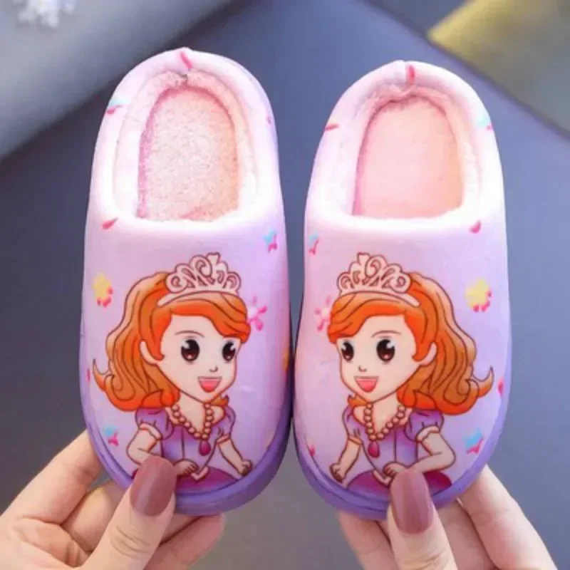 Disney Spiderman Anime Elsa Children Cotton Slippers Autumn Winter Warm Frozen Princess Baby Boys Girls Indoor Home Shoes 24-39