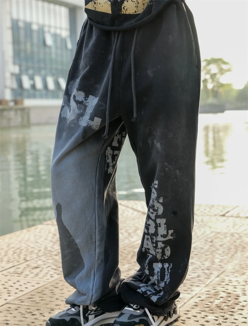 New Washed SSSAINT LOUIS Design Graffiti Printed Casual Pants High Street Casual Loose Cotton Autumn/Winter Vintage Sports Pants