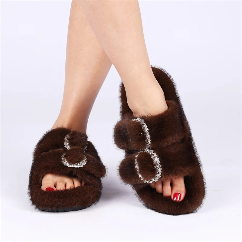 المرأة شبشب شتوي عدم الانزلاق في الهواء الطلق داخلي أحذية منزلية أفخم المنك فو الفراء الدافئة غامض النعال الراحة فروي البغال النعال