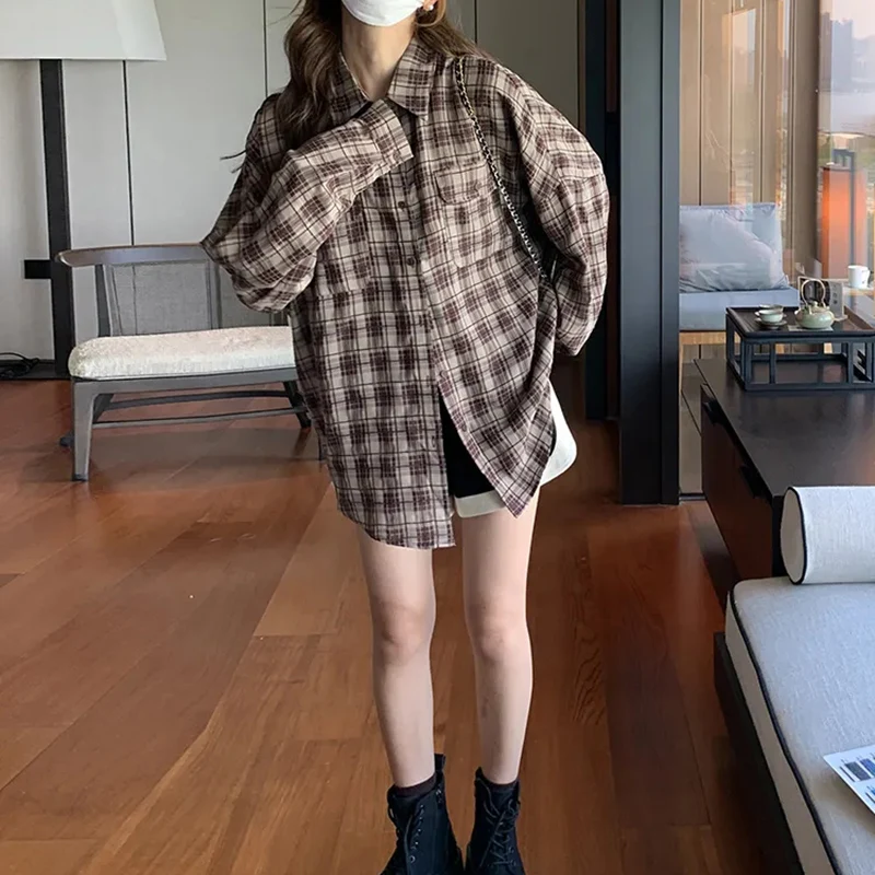 Rimocy Korean Style Plaid Oversized Shirt Women 2025 Harajuku Long Sleeve Vintage Blouse Woman Chic Wild Turn Down Collar Shirts