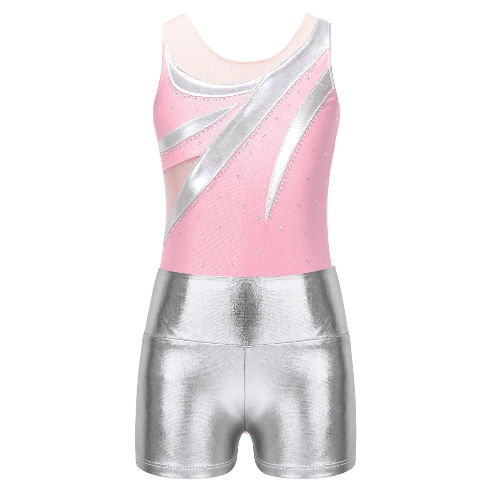 Kids Girls Sleeveless Gymnastics Jumpsuit + Shorts Rhinestone Shiny Metallic Ballet Dance Outfits Children Dancewear Costume Set