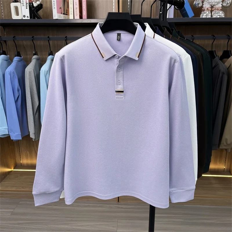 Hochwertiges Herren-Poloshirt aus weicher Baumwolle, Herbst-Neuheit, einfarbig, langärmelig, mit Kragen, modische Business-Herrenbekleidung – Detail 4