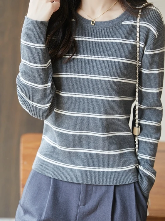

Women's Thiened Long Sve Pure Cotton Knitted Base irt Stripe Patterned Slimming Inner Wear Sweater Base irt