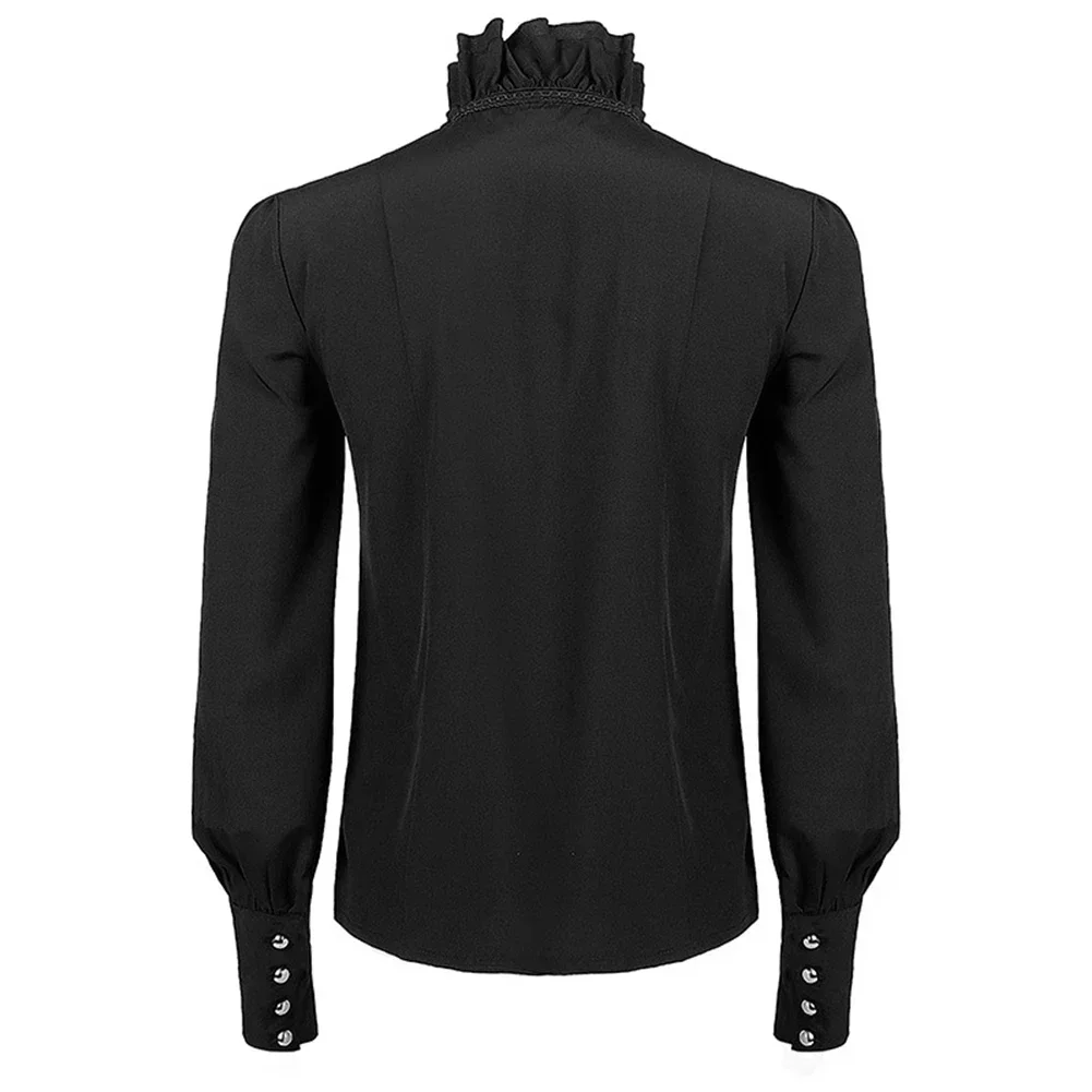 Fashion Retro Men\'s Gothic Shirts And Blouses Victorian Medieval Ruffle Pirate Puff Sleeve Solid Black Tops Shirt Man Clothing