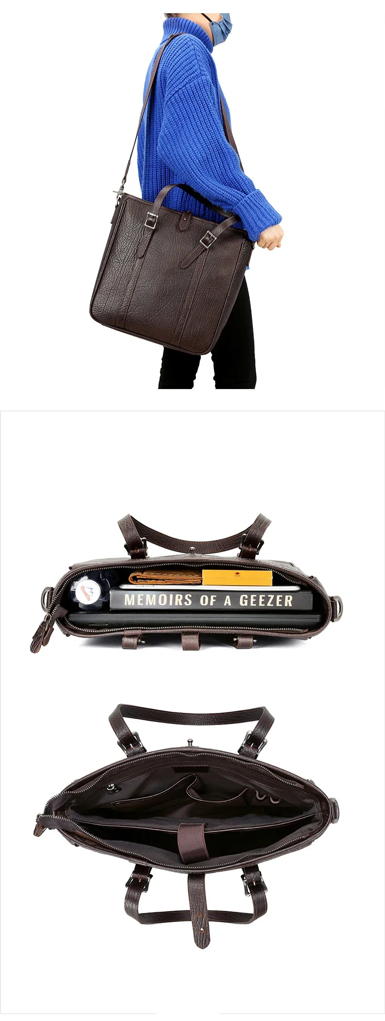 Sac à Main Vintage en Cuir group pour Homme, Fourre-Tout de Grande Capacité