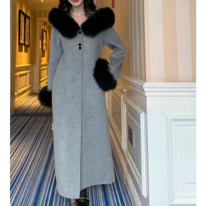 الكورية هيبورن كسول مزاجه معطف صوفي طويل جو الرجعية فضفاضة ورقيقة معطف الصوف المرأة #2