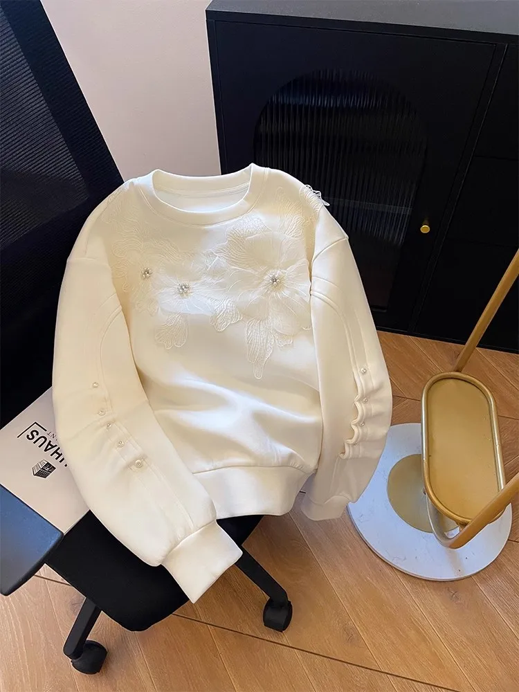 

Модная корейская толстовка на флисовой подкладке с 3D-цветами, свободного кроя, повседневная, универсальная, больших размеров, с бисером, для женщин