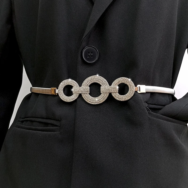 Elastic Gold Chain Belt Female Waist Punk Y2K Silver Metal Rhinestone Belts For Women High Quality Luxury Golden Waistband