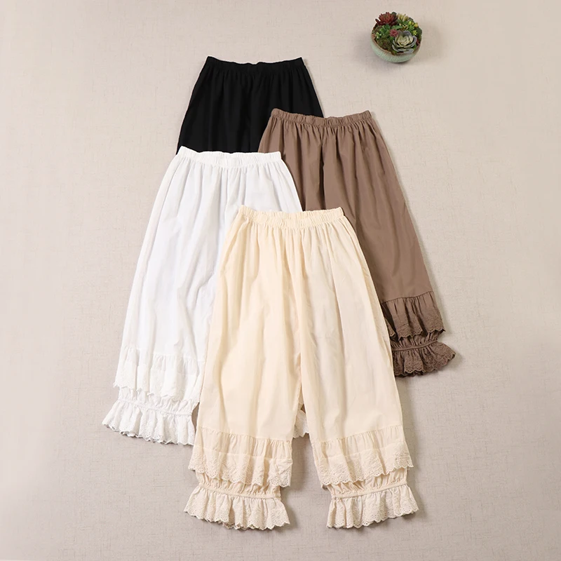 

Japanese Sweet Mori Girl Lace Ruffled Wide Leg Pants Women Summer Elastic Waist Casual Loose Thin Cotton Trousers Uderpants