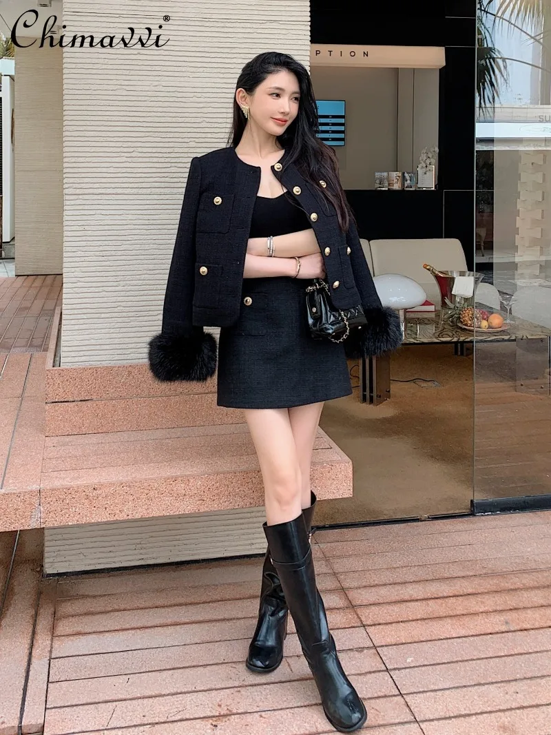 Outono inverno nova moda high-end peludo manga longa preto tweed jaqueta de cintura alta saia conjunto de duas peças elegante festa das mulheres terno