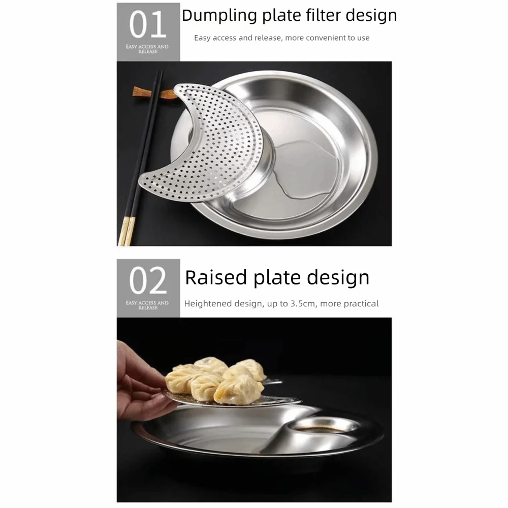 Stainless Steel Dumpling Plate Round Thickened Draining Serving Dish with Vinegar Dish Double Layer Multi-Purpose Use