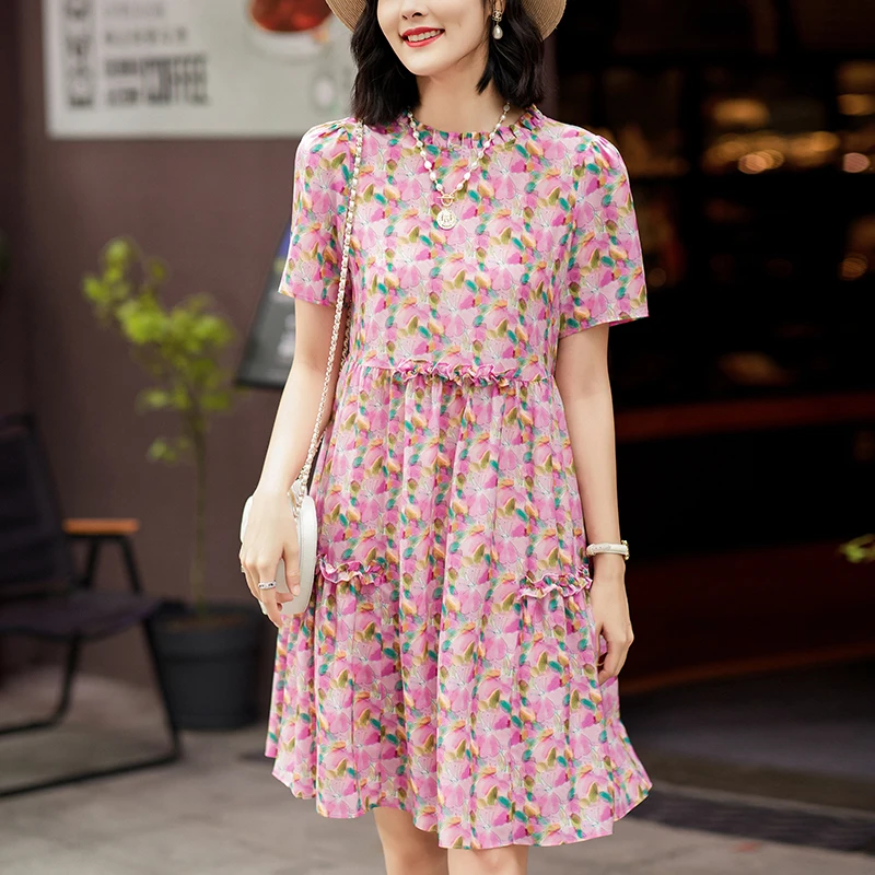 

Prairie Chic Women's Floral Print Dress 2024 Summer Elegant Fashion Dresses For Women Short Sleeve 100% Real Silk Dress A-line