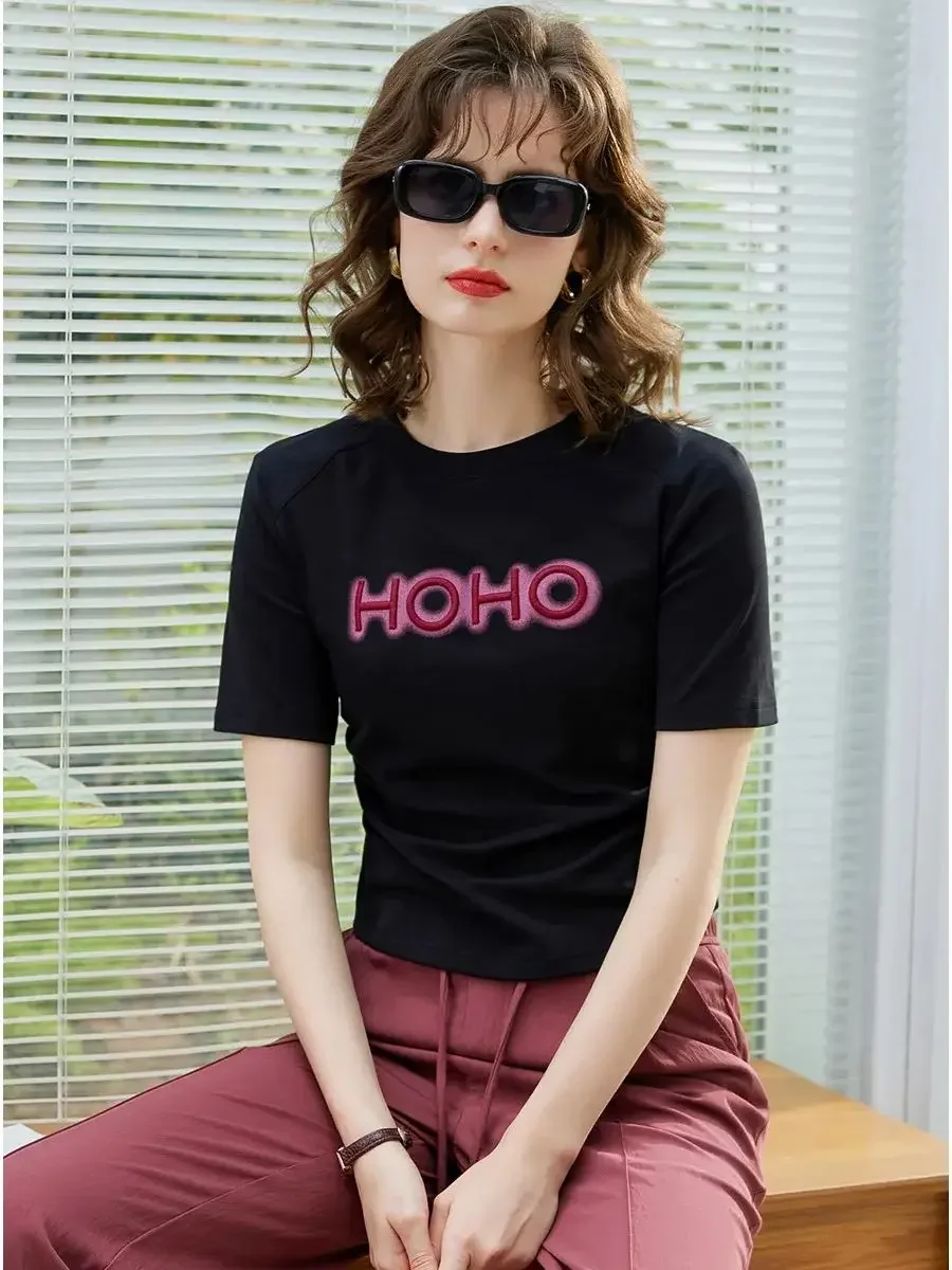 LOUIS YAO Women T-shirt 2024 Summer Tee Print Letter Slim Fit Round Neck Short Sleeve Basic Casual Pullover Women's Top