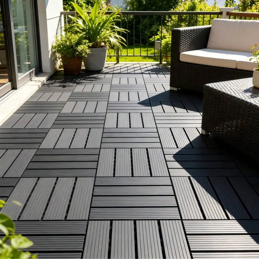 60-Piece Set 12x12-Inch Gray Outdoor Interlocking Floor Tiles | Straight-Stripe Non-Slip Surface | PP Material | Suitable For Ou