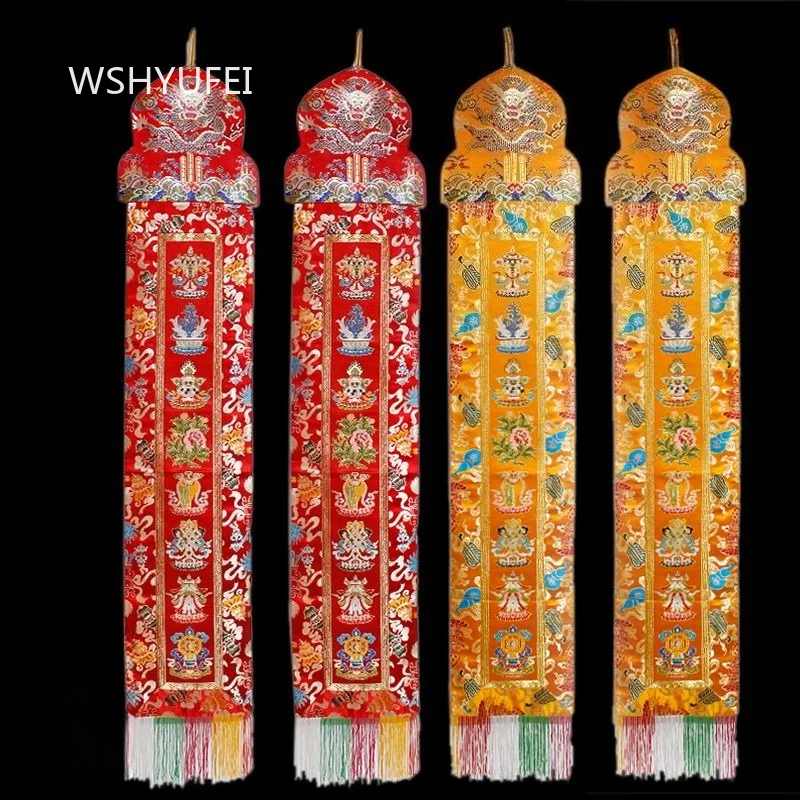 2pcs Tibetan Embroidery Banner with Eight Auspicious Symbols Brocade Wall Hanging Tassel for Buddhist Temple Home Decor
