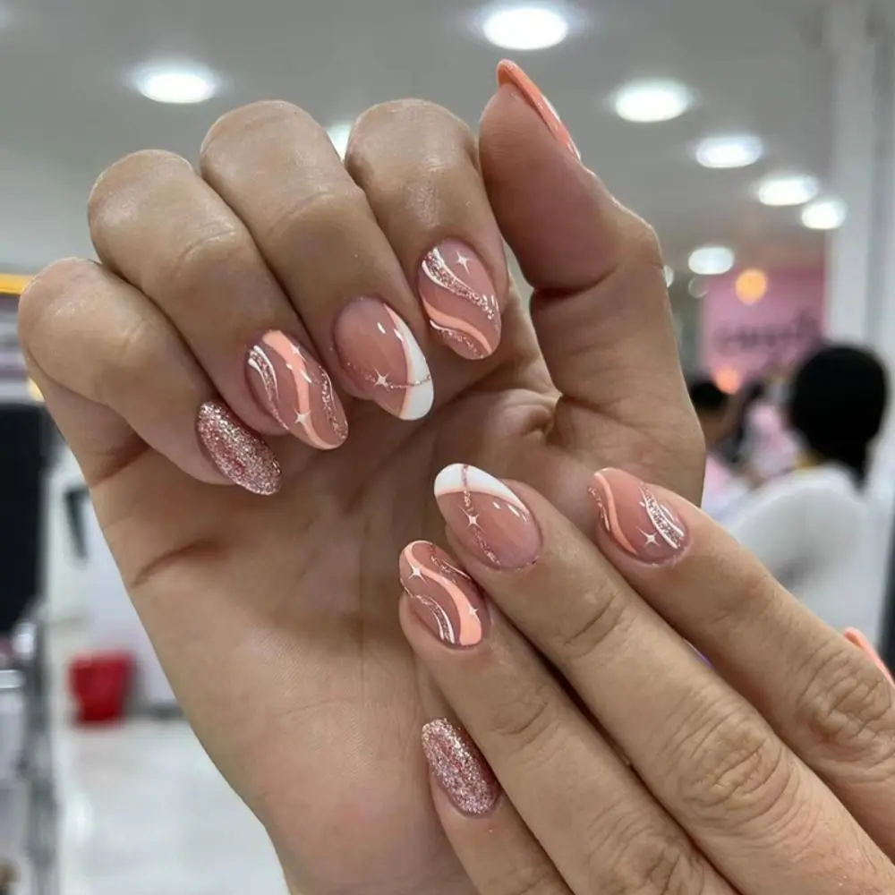 24 pezzi Manicure fai da te punte finte unghie finte ondulate lunghe mandorle francesi