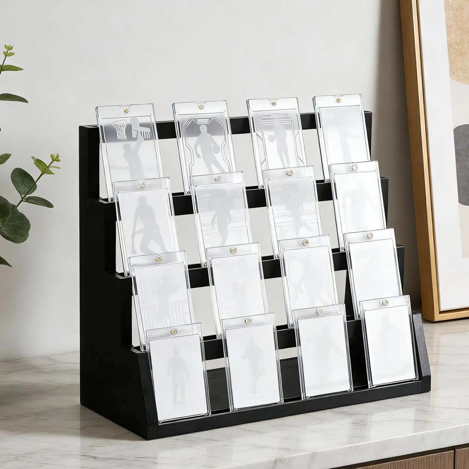 Wooden Card Display Rack Organizer 4 Tier Storage Stand Graded Card Shelf for TCG Baseball Basketball Hockey Collection view 4