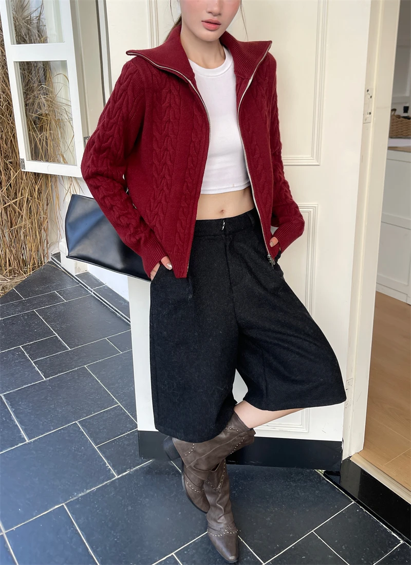 المرأة الياقة تويست متماسكة سترة قصيرة عارضة زيبر تصميم تحسس محبوك أعلى سترة صوفية عصرية #4