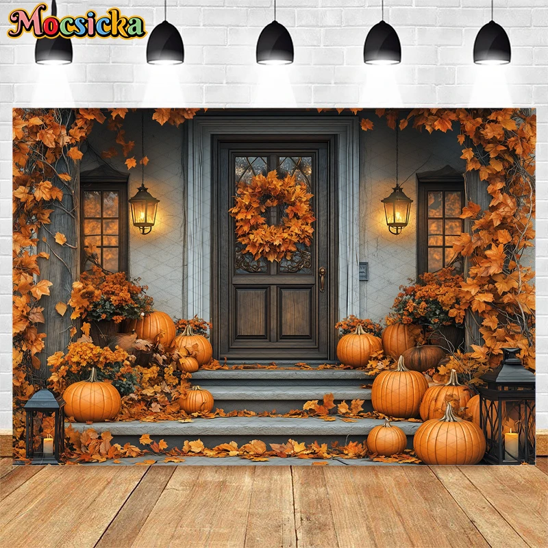 Mocsicka warme Herbst Haus Tür Kulissen Kinder Erwachsene Fotografie Kind Baby Fototermin Requisiten fallen Haus Garten Front Hintergrund