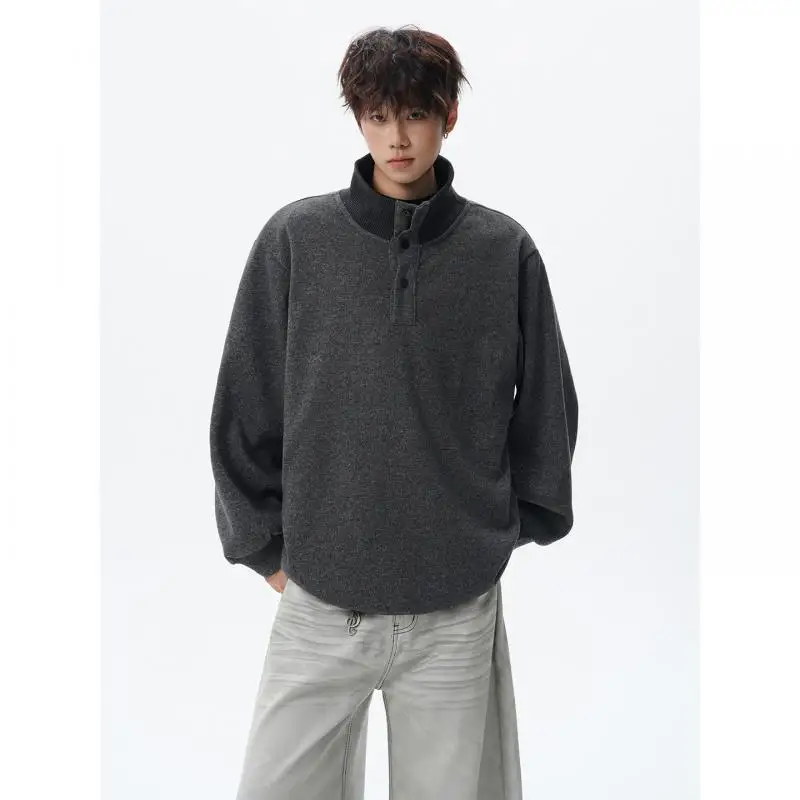 Japanese Style Minimalist Half Buttons Sweatshirt Men Solid Color Loose Fit Pullover Top Comfy Streetwear Fashion 2026 Clothing
