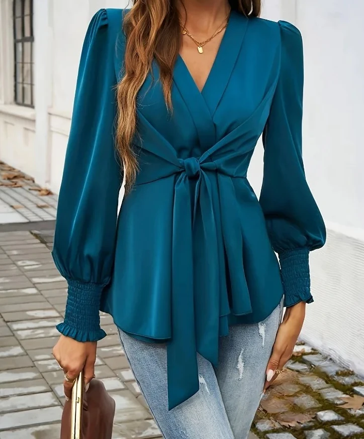 Wiosenno-jesienna bluzka retro z głębokim dekoltem w serek, krzyżowymi ramiączkami, elegancka plisowana bluzka biurowa, niebieska, codzienna bluzka z długim rękawem i sznurowaniem.