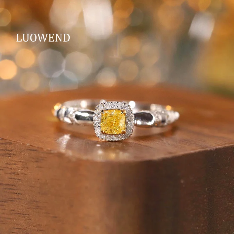 

LUOWEND 100% 18K White Gold Rings Elegant Style Real Natural Yellow Diamond Engagement Ring for Women High Wedding Jewelry